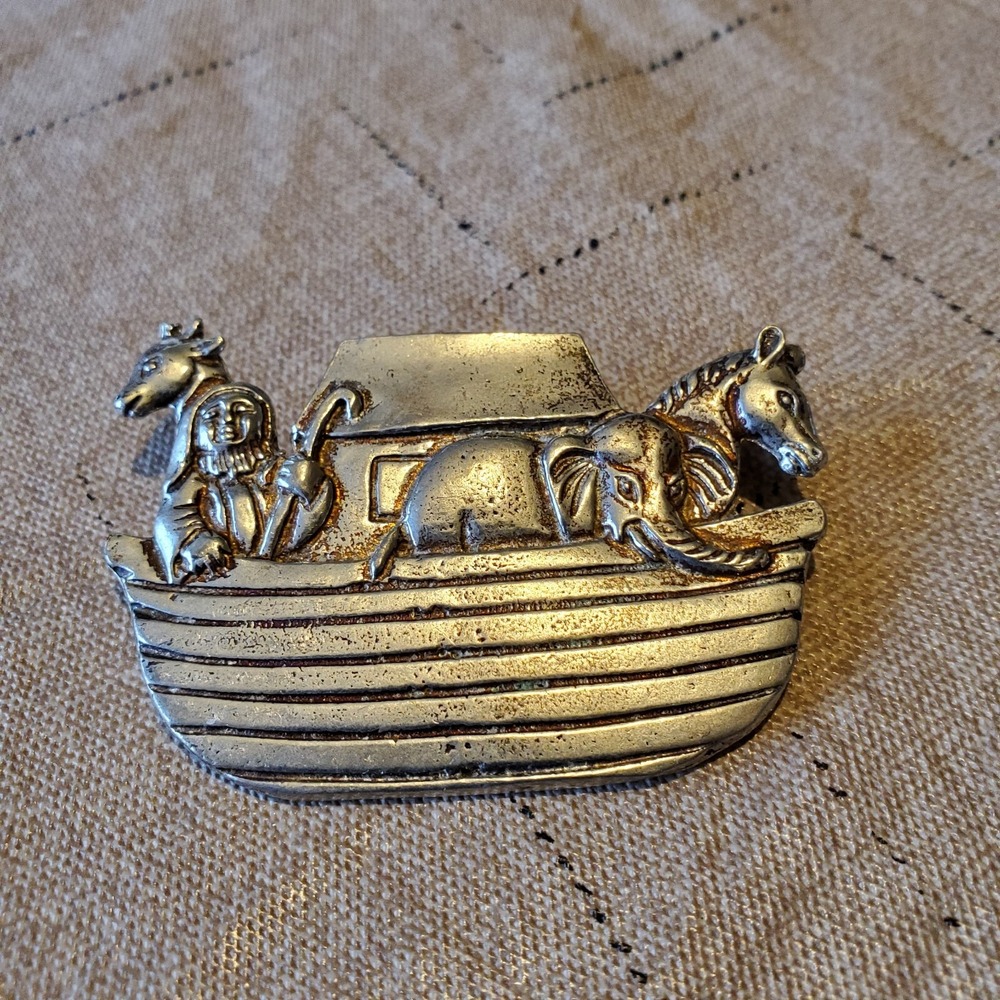 Brooch qVintage Noah's Ark Animals Pewter signed by Morgan Pin 2.25" long
